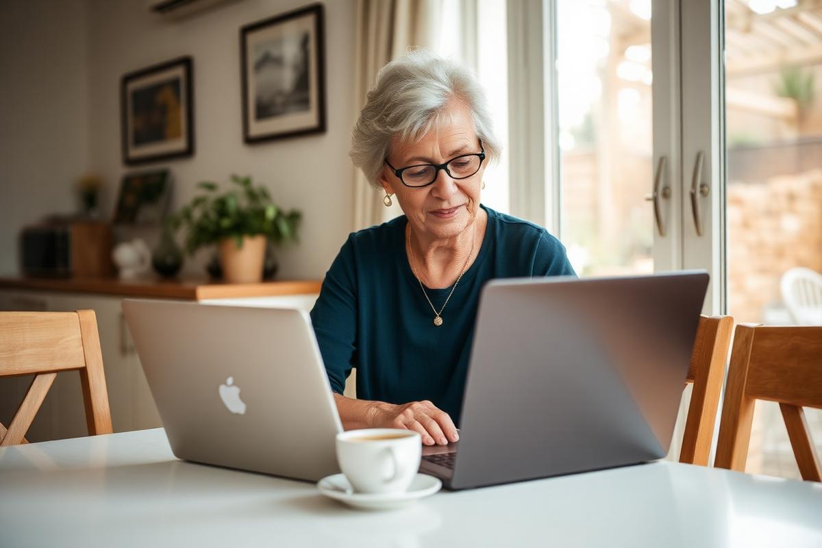 Retired Australian woman checking her pension income on a laptop at home