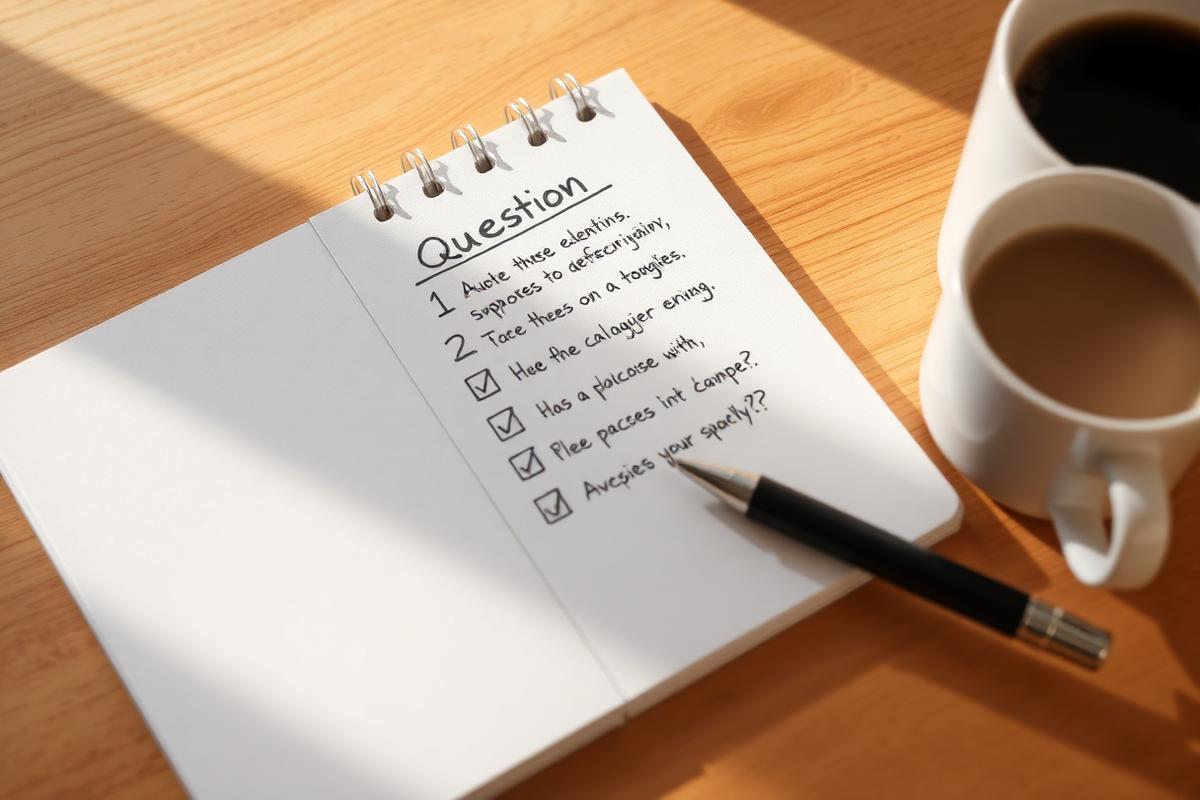 Handwritten checklist of questions on a notepad beside a coffee cup