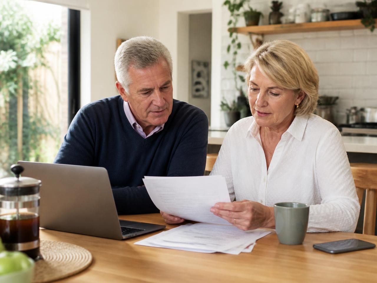 An older Australian couple reviewing their retirement information at home